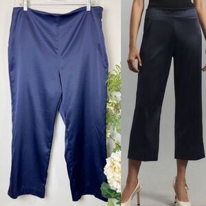 Anthropologie silky tapered cropped trousers navy satin | US 12